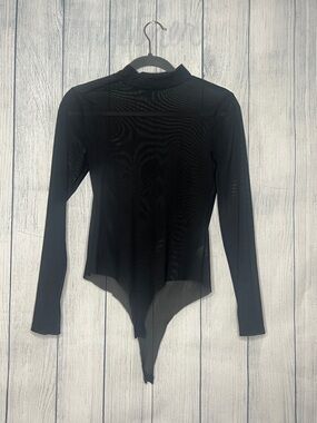 Shinestar Black Long-Sleeve Mesh Bodysuit
